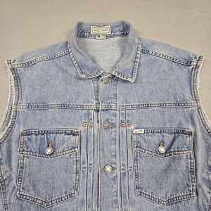 Vintage Guess Jeans Vest Mens Large Blue Denim Sleeveless Button Up Made USA 90s